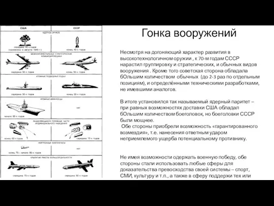 Гонка вооружений Несмотря на догоняющий характер развития в высокотехнологичном оружии ,