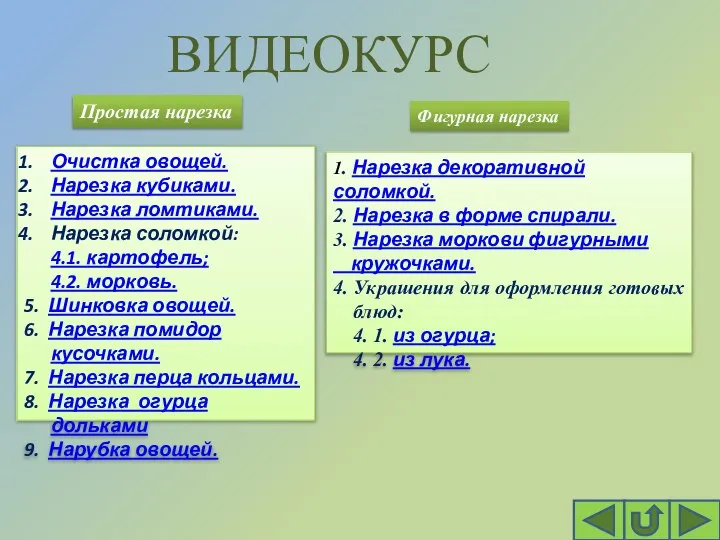 ВИДЕОКУРС Простая нарезка Фигурная нарезка Очистка овощей. Нарезка кубиками. Нарезка ломтиками.