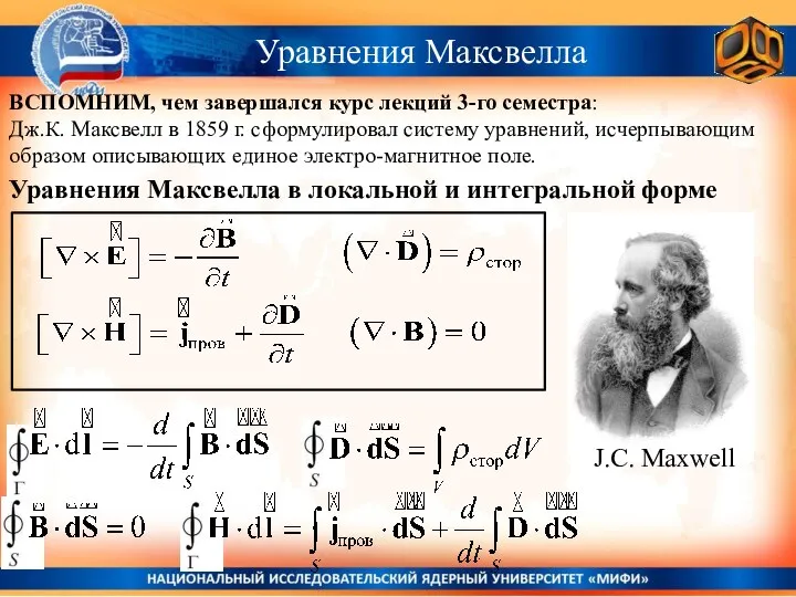 Уравнения Максвелла Уравнения Максвелла в локальной и интегральной форме ВСПОМНИМ, чем