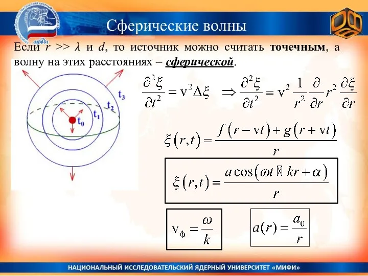 Сферические волны Если r >> λ и d, то источник можно