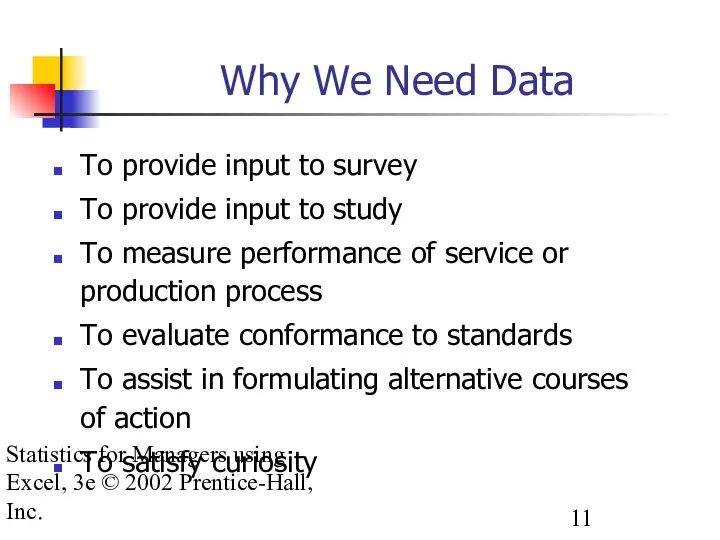 Statistics for Managers using Excel, 3e © 2002 Prentice-Hall, Inc. Why