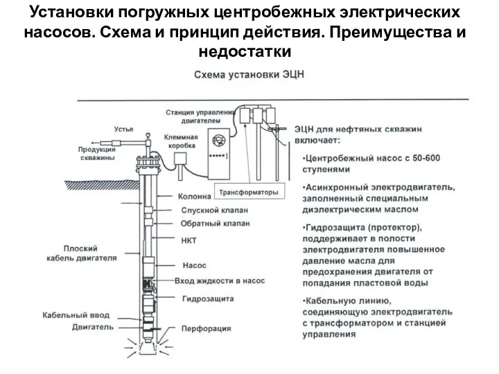 Установки погружных центробежных электрических насосов. Схема и принцип действия. Преимущества и недостатки