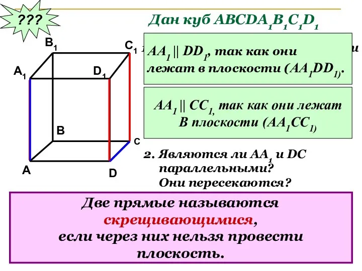 ??? Дан куб АВСDA1B1C1D1 Являются ли параллельными прямые АА1 и DD1;