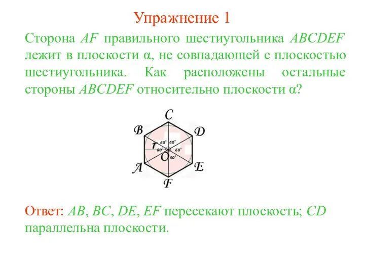 Сторона AF правильного шестиугольника ABCDEF лежит в плоскости α, не совпадающей