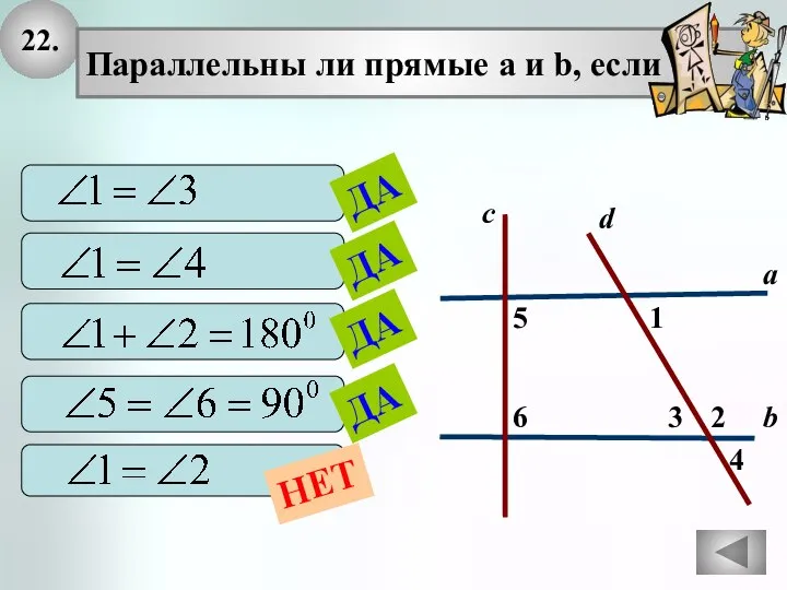 22. 2 1 4 с 3 6 5 а b Параллельны