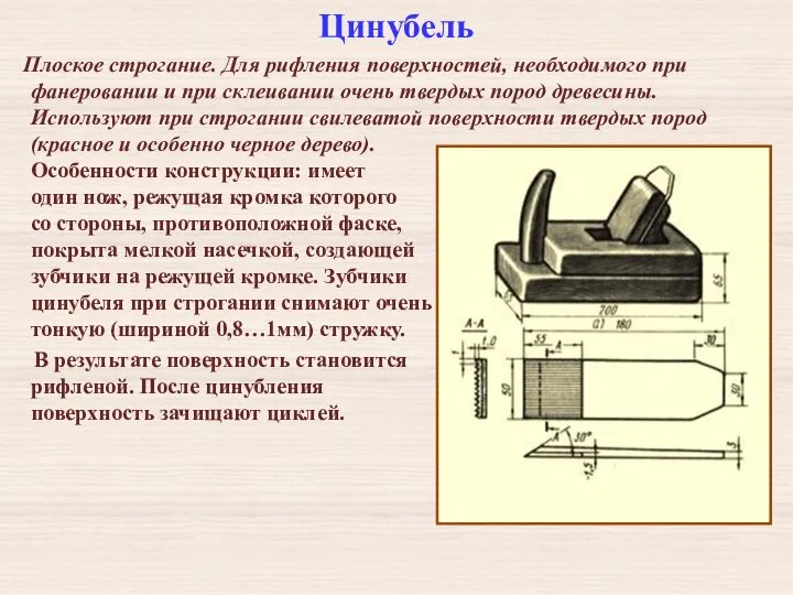 Цинубель Плоское строгание. Для рифления поверхностей, необходимого при фанеровании и при