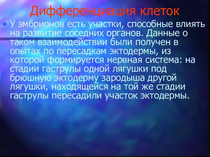 Дифференциация клеток У эмбрионов есть участки, способные влиять на развитие соседних