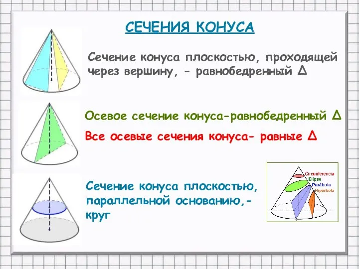 СЕЧЕНИЯ КОНУСА Сечение конуса плоскостью, проходящей через вершину, - равнобедренный Δ