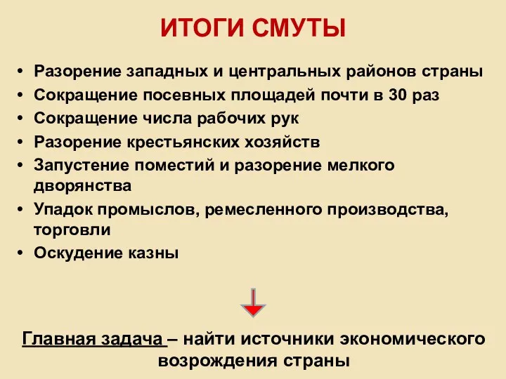 ИТОГИ СМУТЫ Разорение западных и центральных районов страны Сокращение посевных площадей