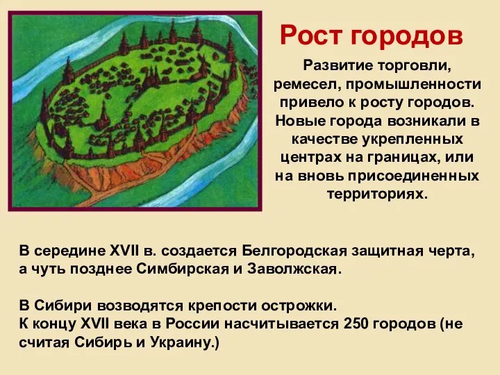 Рост городов В середине XVII в. создается Белгородская защитная черта, а