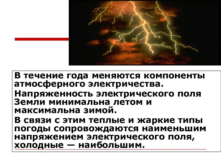 В течение года меняются компоненты атмосферного электричества. Напряженность электрического поля Земли