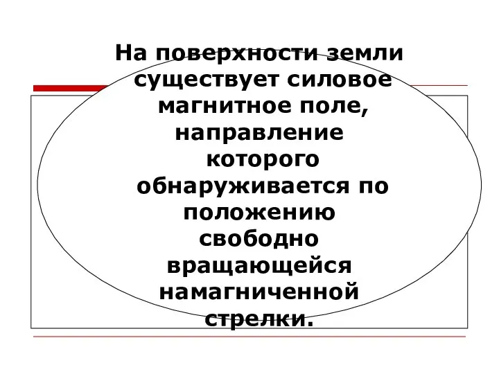 На поверхности земли существует силовое магнитное поле, направление которого обнаруживается по положению свободно вращающейся намагниченной стрелки.