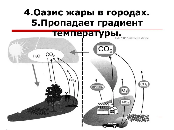 4.Оазис жары в городах. 5.Пропадает градиент температуры.