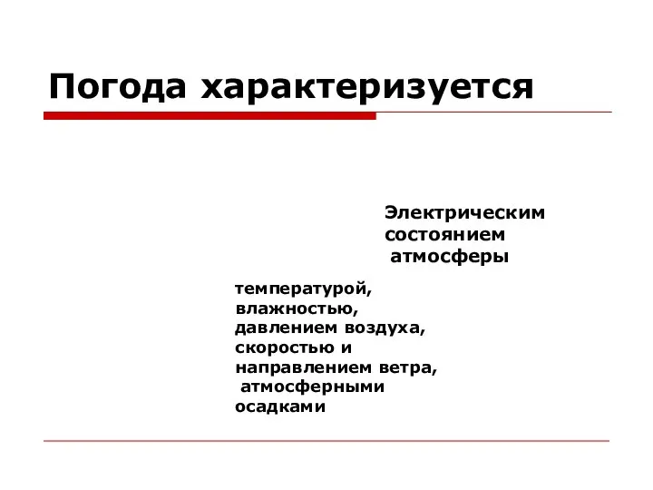 Погода характеризуется Электрическим состоянием атмосферы температурой, влажностью, давлением воздуха, скоростью и направлением ветра, атмосферными осадками