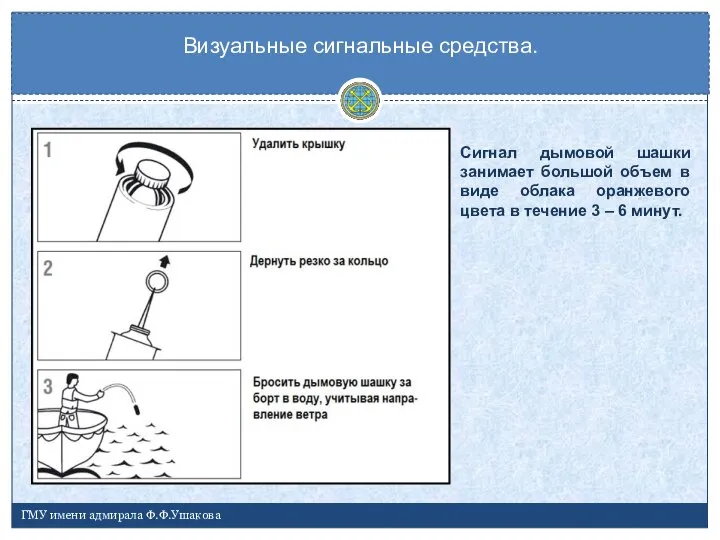 Визуальные сигнальные средства. ГМУ имени адмирала Ф.Ф.Ушакова Сигнал дымовой шашки занимает