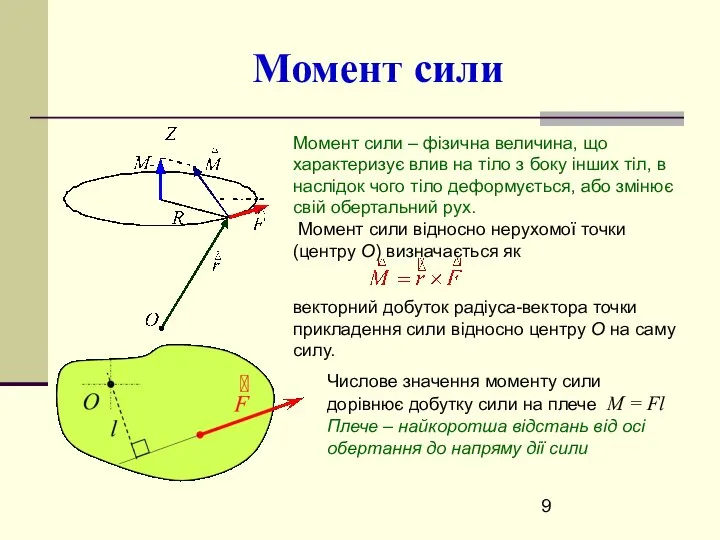 Момент сили Момент сили – фізична величина, що характеризує влив на