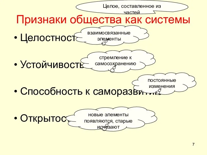 Признаки общества как системы Целостность Устойчивость Способность к саморазвитию Открытость взаимосвязанные