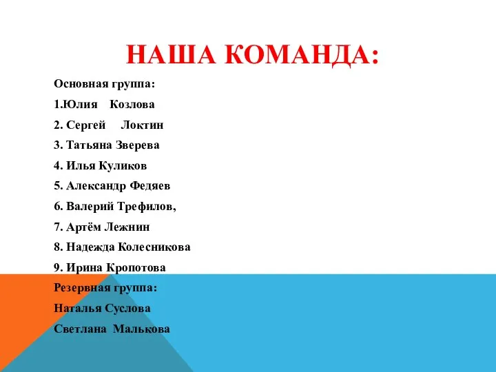 НАША КОМАНДА: Основная группа: 1.Юлия Козлова 2. Сергей Локтин 3. Татьяна