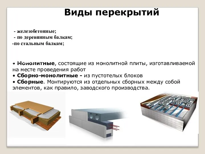 Виды перекрытий • Монолитные, состоящие из монолитной плиты, изготавливаемой на месте