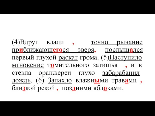 (4)Вдруг вдали , точно рычание приближающегося зверя, послышался первый глухой раскат