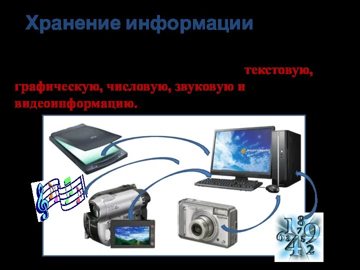 Хранение информации Современный компьютер может хранить в своей памяти различные виды