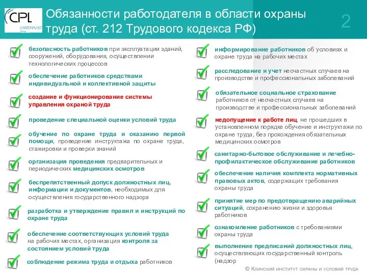 Обязанности работодателя в области охраны труда (ст. 212 Трудового кодекса РФ)