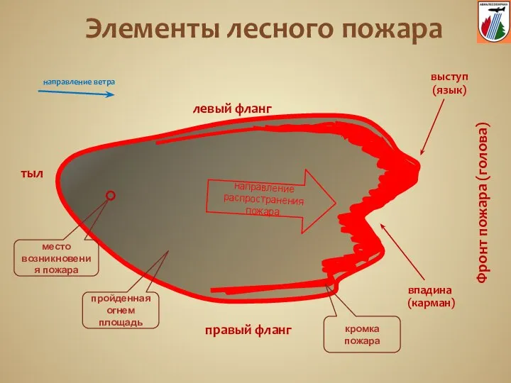 место возникновения пожара направление распространения пожара правый фланг левый фланг Фронт