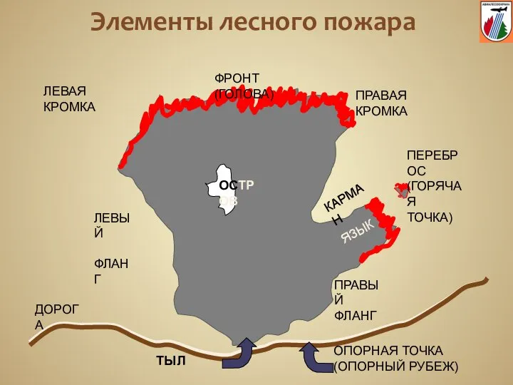 Элементы лесного пожара КАРМАН ОСТРОВ ФРОНТ (ГОЛОВА) ПРАВАЯ КРОМКА ЛЕВАЯ КРОМКА