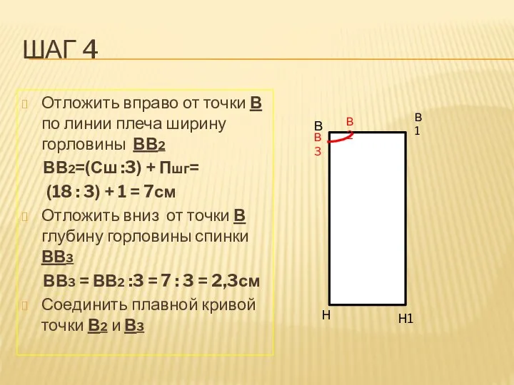 ШАГ 4 Отложить вправо от точки В по линии плеча ширину