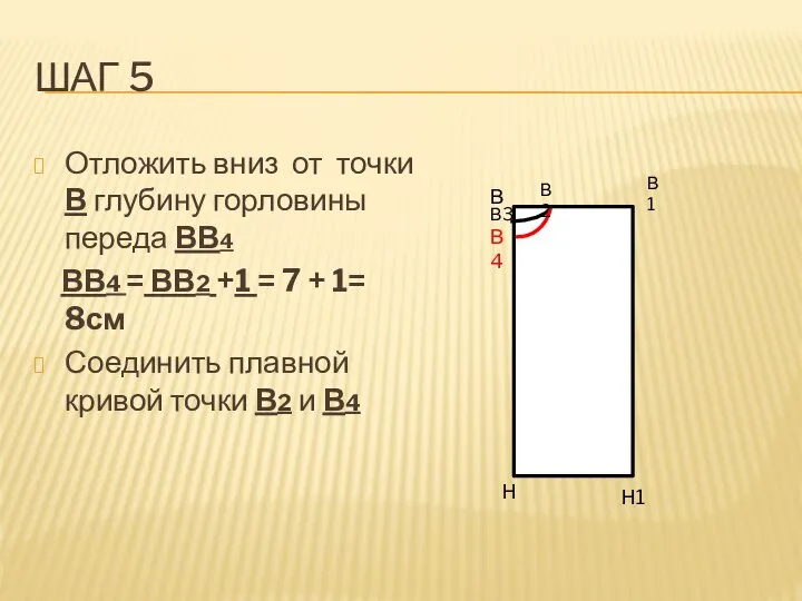 ШАГ 5 Отложить вниз от точки В глубину горловины переда ВВ4