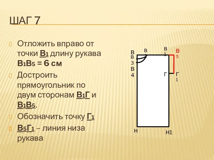 ШАГ 7 Отложить вправо от точки В1 длину рукава В1В5 =