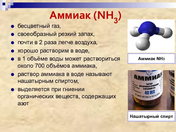 Аммиак (NН3) бесцветный газ, своеобразный резкий запах, почти в 2 раза