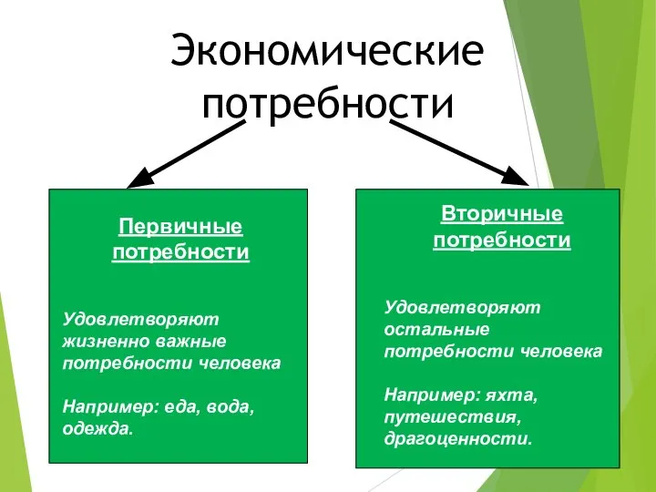 Экономические потребности Первичные потребности Удовлетворяют жизненно важные потребности человека Например: еда,