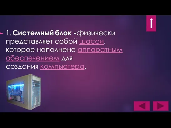 1. Системный блок -физически представляет собой шасси, которое наполнено аппаратным обеспечением для создания компьютера.