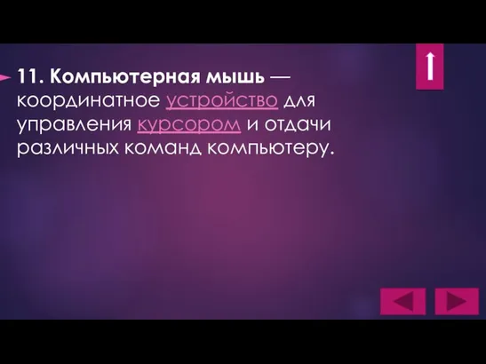 11. Компьютерная мышь — координатное устройство для управления курсором и отдачи различных команд компьютеру.