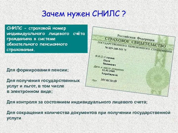 СНИЛС - страховой номер индивидуального лицевого счёта гражданина в системе обязательного