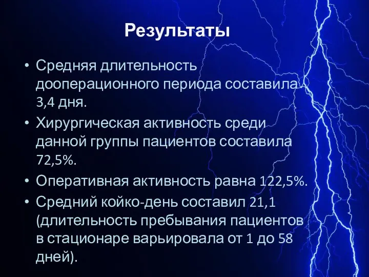 Результаты Средняя длительность дооперационного периода составила 3,4 дня. Хирургическая активность среди