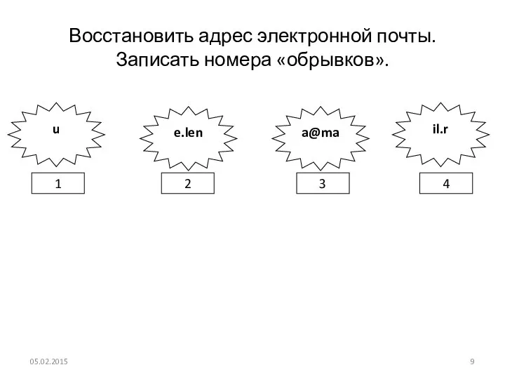 Восстановить адрес электронной почты. Записать номера «обрывков». 05.02.2015