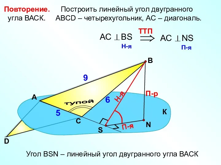 Построить линейный угол двугранного угла ВАСК. АВСD – четырехугольник, АС –