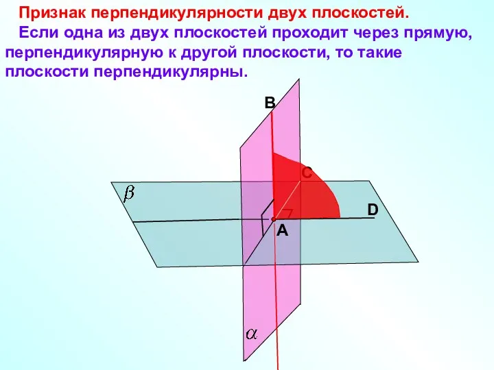 Признак перпендикулярности двух плоскостей. Если одна из двух плоскостей проходит через