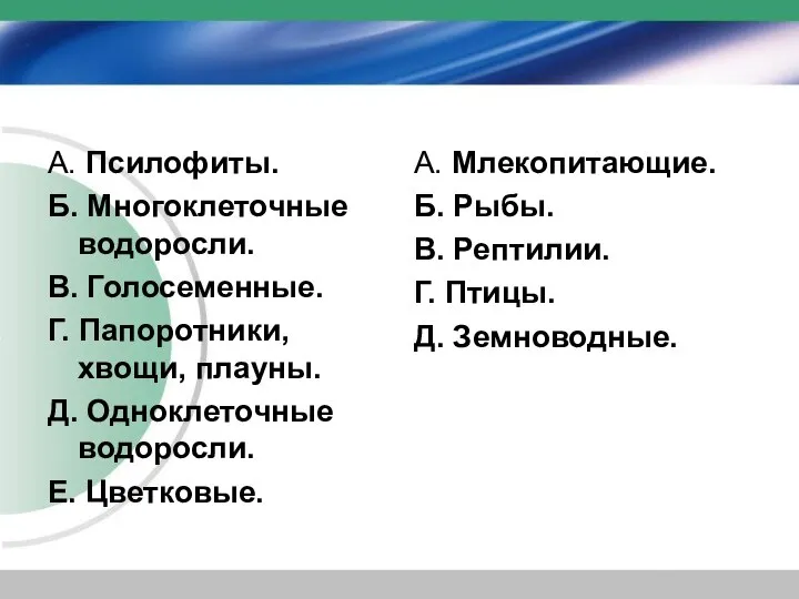 А. Псилофиты. Б. Многоклеточные водоросли. В. Голосеменные. Г. Папоротники, хвощи, плауны.