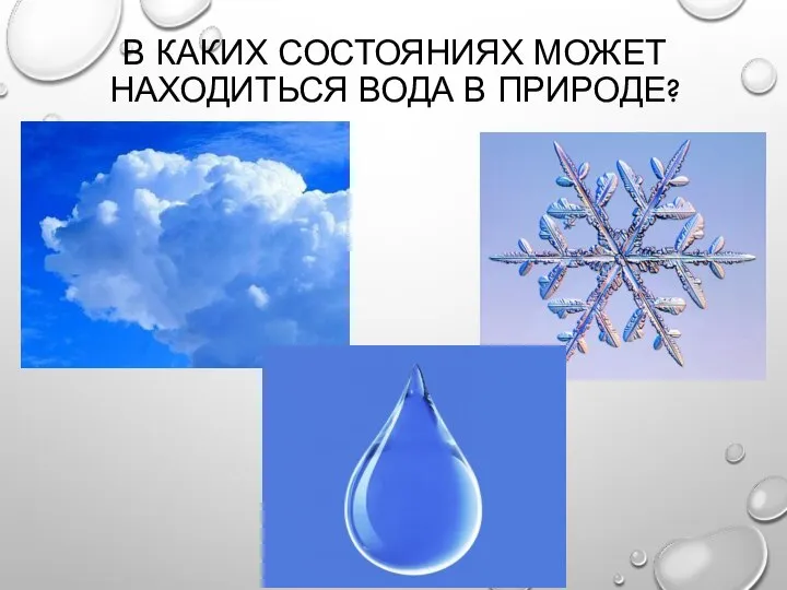 В КАКИХ СОСТОЯНИЯХ МОЖЕТ НАХОДИТЬСЯ ВОДА В ПРИРОДЕ?