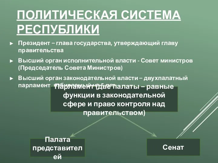 ПОЛИТИЧЕСКАЯ СИСТЕМА РЕСПУБЛИКИ Президент – глава государства, утверждающий главу правительства Высший