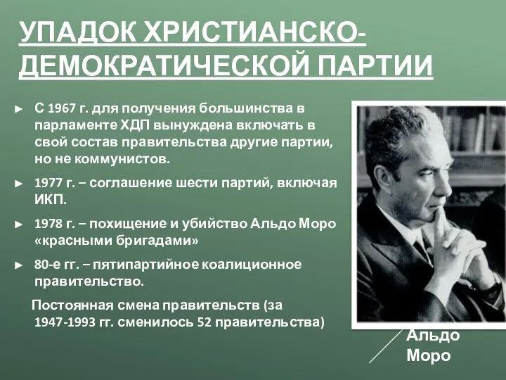 УПАДОК ХРИСТИАНСКО-ДЕМОКРАТИЧЕСКОЙ ПАРТИИ С 1967 г. для получения большинства в парламенте