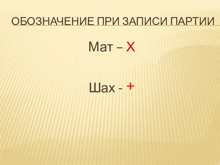 ОБОЗНАЧЕНИЕ ПРИ ЗАПИСИ ПАРТИИ Мат – Х Шах - +