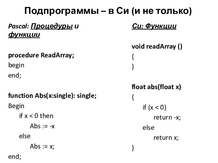 Подпрограммы – в Си (и не только) Pascal: Процедуры и функции