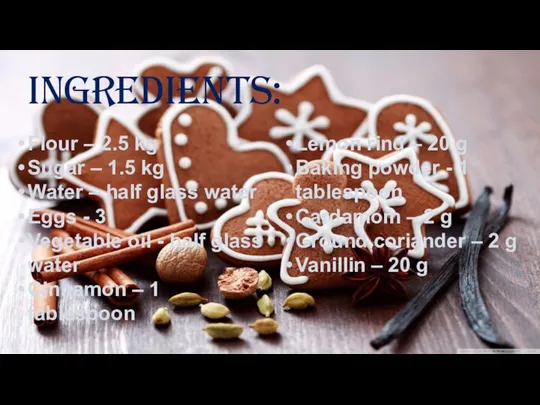 Ingredients: Flour – 2.5 kg Sugar – 1.5 kg Water –