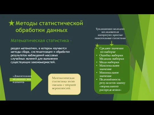 Методы статистической обработки данных Математическая статистика – раздел математики, в котором