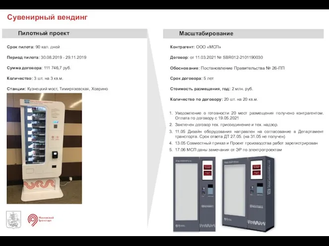 Сувенирный вендинг Срок пилота: 90 кал. дней Период пилота: 30.08.2019 -