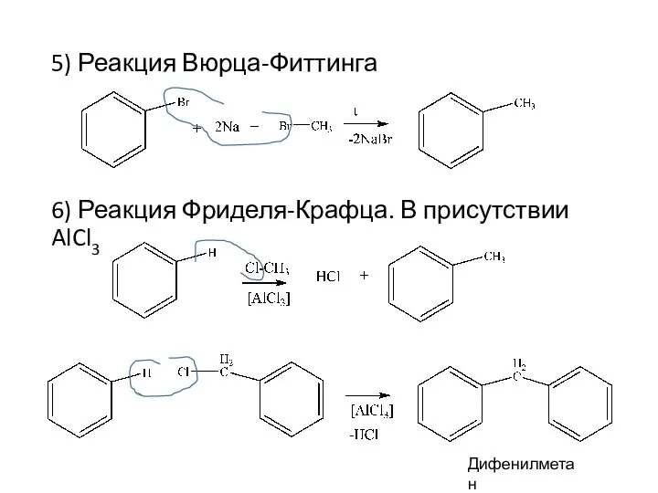 5) Реакция Вюрца-Фиттинга 6) Реакция Фриделя-Крафца. В присутствии AlCl3 Дифенилметан